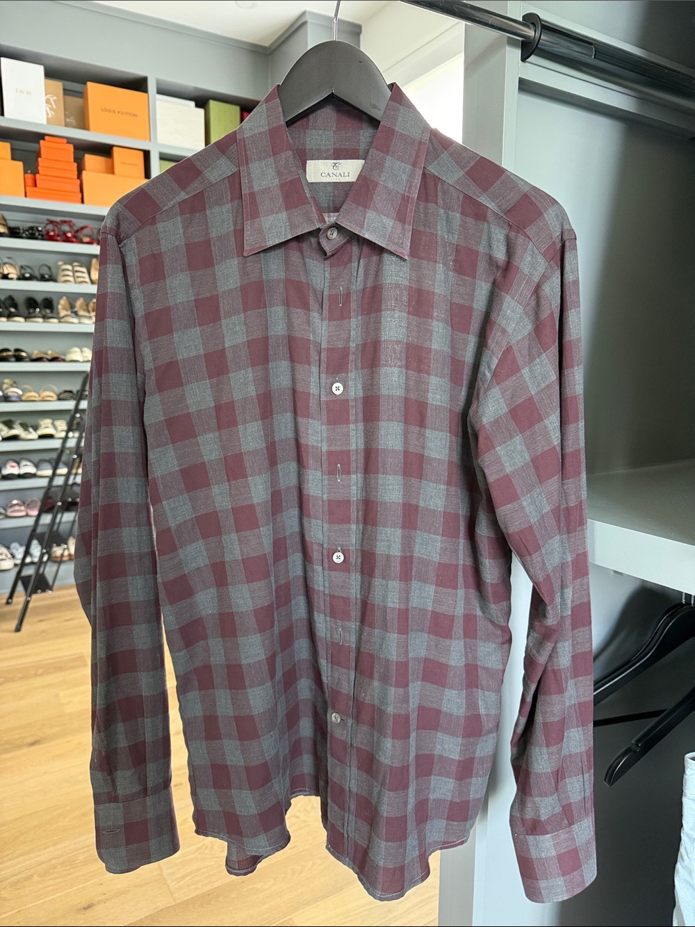 Canali Men's Burgundy and Gray Plaid Button-Down Shirt